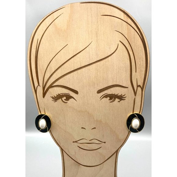 Basic Chic Earrings, Black Enamel and Gold Tone Studs with White Cabochon Center - Picture 3 of 6